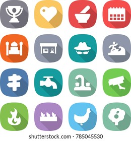 flat vector icon set - trophy vector, heart, mortar, calendar, minaret, gas station, confidential, surfer, signpost, water tap, surveillance camera, fire, seedling, chicken, garden