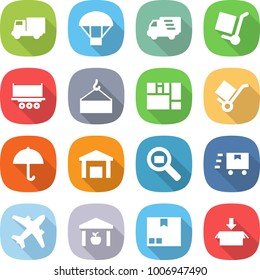 flat vector icon set - truck vector, parachute, delivery, cargo stoller, shipping, loading crane, consolidated, trolley, dry, warehouse, search, fast deliver, airplane, package