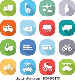 flat vector icon set - truck vector, gyroscooter, journey, spark plug, ambulance car, sea shipping, fork loader, train, bus, bike, motorcycle, transfer, tractor, wash