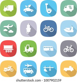 flat vector icon set - truck vector, eco car, gyroscooter, delivery, journey, spark plug, bike, sea shipping, fork loader, bus, motorcycle, transfer, plow, pickup