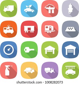 flat vector icon set - truck vector, eco car, factory filter, spark plug, ambulance, railroad shipping, trailer, taxi, barometer, key, garage, sprayer, trash, sweeper, wash