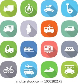 flat vector icon set - truck vector, rocket, eco car, gyroscooter, delivery, spark plug, ambulance, shipping, fork loader, train, trailer, taxi, bike, transfer, jet ski, wash