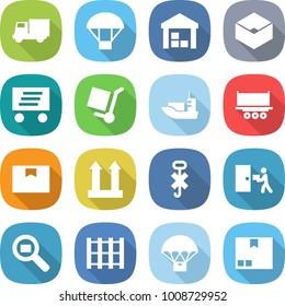 flat vector icon set - truck vector, parachute, warehouse, box, delivery, cargo stoller, sea shipping, package, top sign, do not hook, courier, search, pallet