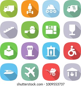 flat vector icon set - truck vector, hoverboard, lunar rover, delivery, stairs, port, consolidated cargo, fragile, package, airport tower, detector, invalid, yacht, plane, wheelbarrow, warehouse