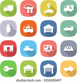 flat vector icon set - truck vector, factory filter, car pointer, delivery, spark plug, ambulance, garage, shipping, railroad, baggage, trailer, taxi, key, pickup