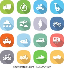 flat vector icon set - truck vector, rocket, eco car, gyroscooter, lunar rover, journey, spark plug, bike, ambulance, sea shipping, trailer, motorcycle, jet ski, pickup