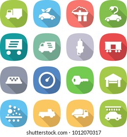 flat vector icon set - truck vector, eco car, factory filter, electric, delivery, spark plug, railroad shipping, taxi, barometer, key, garage, pickup, trash, wash
