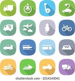 flat vector icon set - truck vector, rocket, gyroscooter, electric car, delivery, journey, spark plug, bike, shipping, train, bus, taxi, motorcycle, jet ski, pickup, sweeper