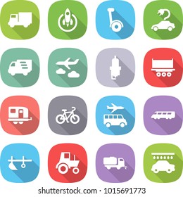 flat vector icon set - truck vector, rocket, gyroscooter, electric car, delivery, journey, spark plug, shipping, trailer, bike, transfer, speed train, plow, tractor, sweeper, wash