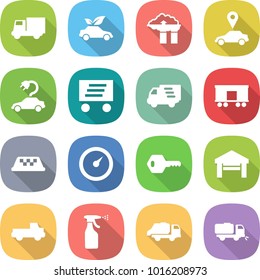flat vector icon set - truck vector, eco car, factory filter, pointer, electric, delivery, railroad shipping, taxi, barometer, key, garage, pickup, sprayer, trash, sweeper