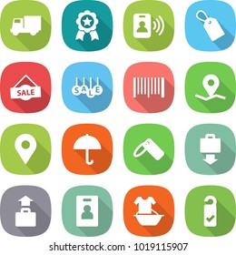flat vector icon set - truck vector, medal, pass card, label, sale, bar code, geo pin, dry cargo, baggage get, identity, handle washing, please clean