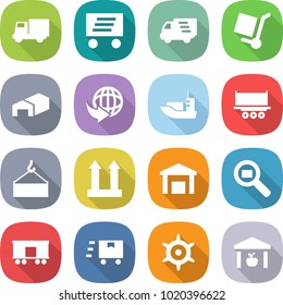 flat vector icon set - truck vector, delivery, cargo stoller, warehouse, sea shipping, loading crane, top sign, search, railroad, fast deliver, handwheel