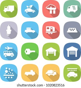 flat vector icon set - truck vector, eco car, factory filter, delivery, spark plug, baggage, trailer, taxi, transfer, key, garage, pickup, trash, wash