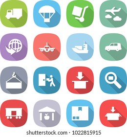 flat vector icon set - truck vector, parachute, cargo stoller, journey, delivery, plane, sea shipping, car, loading crane, courier, package, search, railroad, warehouse