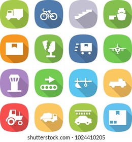 flat vector icon set - truck vector, bike, stairs, port, package box, broken, fast deliver, plane, airport tower, conveyor, plow, pickup, tractor, trash, car wash