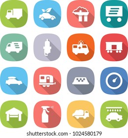 flat vector icon set - truck vector, eco car, factory filter, delivery, spark plug, ambulance, railroad shipping, baggage, trailer, taxi, barometer, garage, sprayer, trash, wash