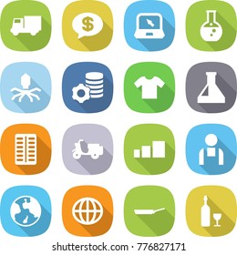 flat vector icon set - truck vector, money message, notebook, round flask, virus, virtual mining, t shirt, pills blister, scooter shipping, sorting, workman, earth, globe, pan, wine