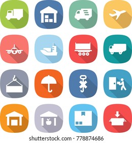 flat vector icon set - truck vector, warehouse, delivery, plane, sea shipping, loading crane, dry cargo, do not hook sign, courier, package