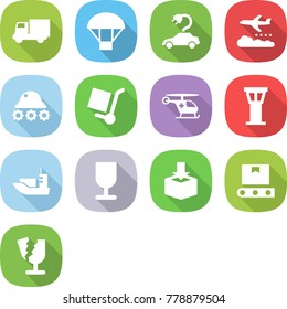 flat vector icon set - truck vector, parachute, electric car, weather management, lunar rover, cargo stoller, ambulance helicopter, airport tower, sea shipping, fragile, package, transporter tape