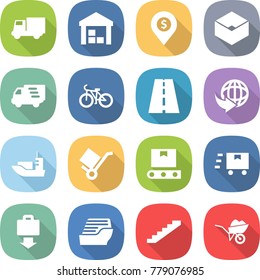 flat vector icon set - truck vector, warehouse, dollar pin, box, delivery, bike, road, sea shipping, trolley, transporter tape, fast deliver, baggage get, cruise ship, stairs, wheelbarrow