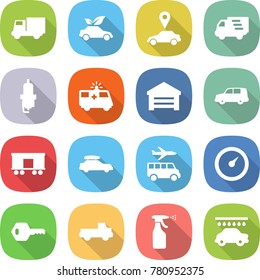flat vector icon set - truck vector, eco car, pointer, delivery, spark plug, ambulance, garage, shipping, railroad, baggage, transfer, barometer, key, pickup, sprayer, wash