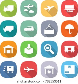 flat vector icon set - truck vector, journey, plane, shipping, car, loading crane, dry cargo, warehouse, package, search, railroad, fast deliver