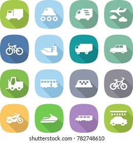flat vector icon set - truck vector, lunar rover, delivery, journey, bike, sea shipping, car, fork loader, bus, taxi, motorcycle, jet ski, speed train, wash