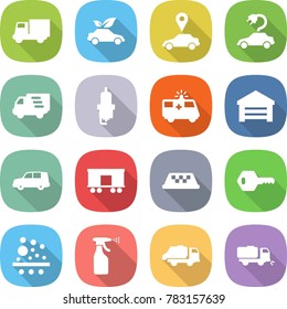 flat vector icon set - truck vector, eco car, pointer, electric, delivery, spark plug, ambulance, garage, shipping, railroad, taxi, key, filter, sprayer, trash, sweeper
