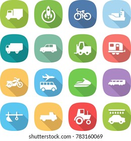 flat vector icon set - truck vector, rocket, bike, sea shipping, car, fork loader, trailer, motorcycle, transfer, jet ski, speed train, plow, pickup, tractor, wash