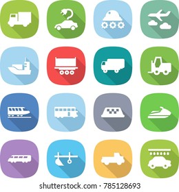 flat vector icon set - truck vector, electric car, lunar rover, journey, sea shipping, fork loader, train, bus, taxi, jet ski, speed, plow, pickup, wash