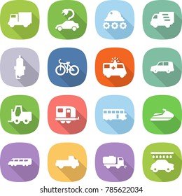 flat vector icon set - truck vector, electric car, lunar rover, delivery, spark plug, bike, ambulance, shipping, fork loader, trailer, bus, jet ski, speed train, pickup, sweeper, wash