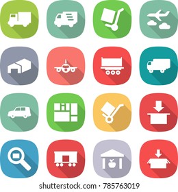 flat vector icon set - truck vector, delivery, cargo stoller, journey, warehouse, plane, shipping, car, consolidated, trolley, package, search, railroad