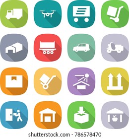 flat vector icon set - truck vector, drone, delivery, cargo stoller, warehouse, shipping, car, scooter, package box, trolley, sun potection, top sign, courier
