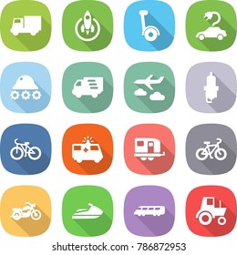 flat vector icon set - truck vector, rocket, gyroscooter, electric car, lunar rover, delivery, journey, spark plug, bike, ambulance, trailer, motorcycle, jet ski, speed train, tractor