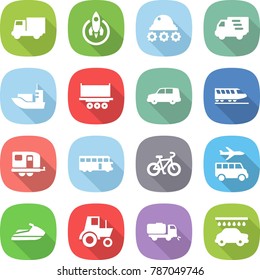 flat vector icon set - truck vector, rocket, lunar rover, delivery, sea shipping, car, train, trailer, bus, bike, transfer, jet ski, tractor, sweeper, wash