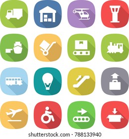 flat vector icon set - truck vector, warehouse, ambulance helicopter, airport tower, port, trolley, transporter tape, train, bus, air ballon, escalator, baggage, departure, invalid, conveyor