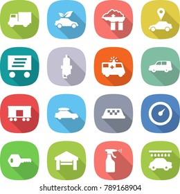 flat vector icon set - truck vector, eco car, factory filter, pointer, delivery, spark plug, ambulance, shipping, railroad, baggage, taxi, barometer, key, garage, sprayer, wash