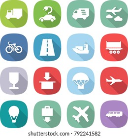 flat vector icon set - truck vector, electric car, delivery, journey, bike, road, sea shipping, fragile, package, parachute, plane, air ballon, baggage get, speed train