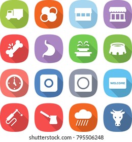flat vector icon set - truck vector, atom core, market, broken bone, stomach, fountain, stadium, watch, ring button, welcome mat, welding, turk, rain cloud, cow