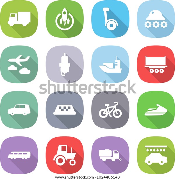 flat vector icon set -\
truck vector, rocket, gyroscooter, lunar rover, journey, spark\
plug, sea shipping, car, taxi, bike, jet ski, speed train, tractor,\
sweeper, wash