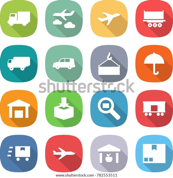 flat vector icon set - truck vector,\
journey, plane, shipping, car, loading crane, dry cargo, warehouse,\
package, search, railroad, fast\
deliver