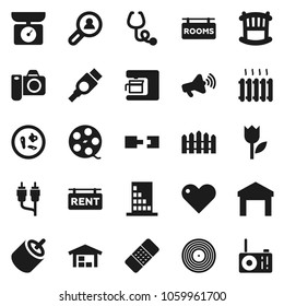 Flat vector icon set - tulip vector, warehouse, film spool, disk, loudspeaker, heart, rca, hdmi, patch, stethoscope, microbs, connection, barn, fence, rent signboard, rooms, client search, crib