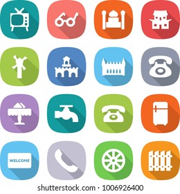 flat vector icon set - tv vector, pacemaker, minaret, japanese house, windmill, fort, gothic architecture, phone, restaurant, water tap, fridge, welcome mat, wheel, fence
