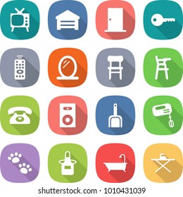 flat vector icon set - tv vector, garage, door, key, remote control, mirror, chair, for babies, phone, speaker, scoop, mixer, pets, apron, bath, iron board