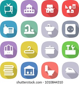 flat vector icon set - tv vector, cottage, japanese house, architector, phone, water tap, sink, power socket, dresser, hanger, pan, repair tools, towels, utility room, toilet, iron