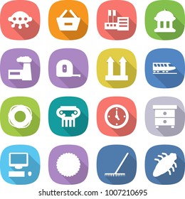 flat vector icon set - ufo vector, remove from basket, store, goverment house, factory, measuring tape, cargo top sign, train, lifebuoy, antique column, watch, nightstand, computer, cookies, rake