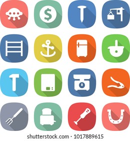 flat vector icon set - ufo vector, dollar coin, nail, loading, rack, anchor, fridge, ladle, hammer, kitchen scales, walnut crack, big fork, toaster, blender, horseshoe