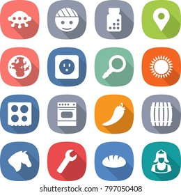 flat vector icon set - ufo vector, bandaged head, pills bottle, geo pin, globe, power socket, magnifier, gas oven, hob, hot pepper, barrel, horse, wrench, bread, cleaner