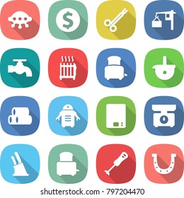 flat vector icon set - ufo vector, dollar coin, surgical clamp, loading, water tap, radiator, toaster, ladle, pipes, robot, kitchen scales, knife holder, blender, horseshoe