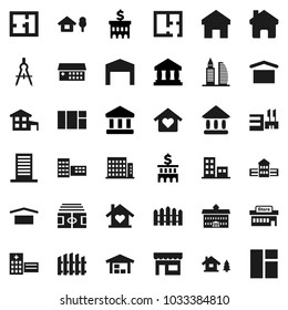 Flat vector icon set - university vector, school building, drawing compass, bank, stadium, dry cargo, hospital, home, cottage, chalet, barn, fence, plan, apartments, office, love, store, mall